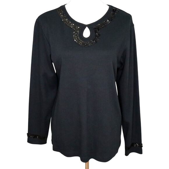Quacker Factory Top Womens Small Black Sequin Trimmed T-shirt Tee Keyhole front - Picture 1 of 13